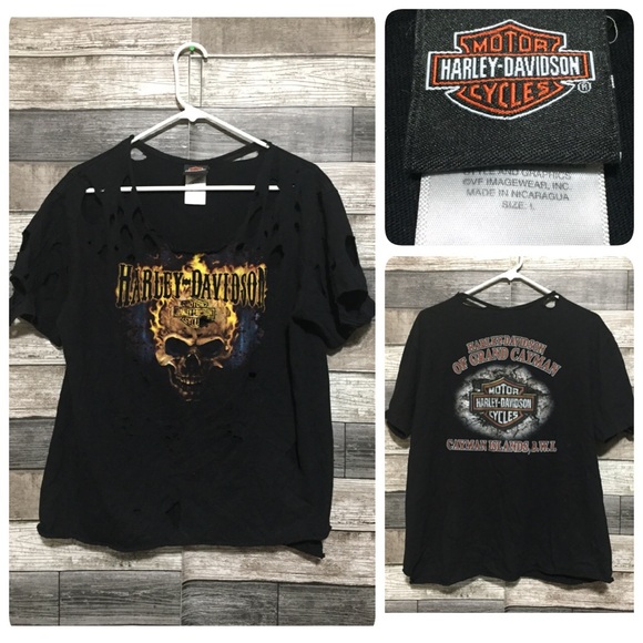 Harley Davidson Cayman Island Flaming Skull Distressed T Shirt Women’s L Black - Picture 1 of 8